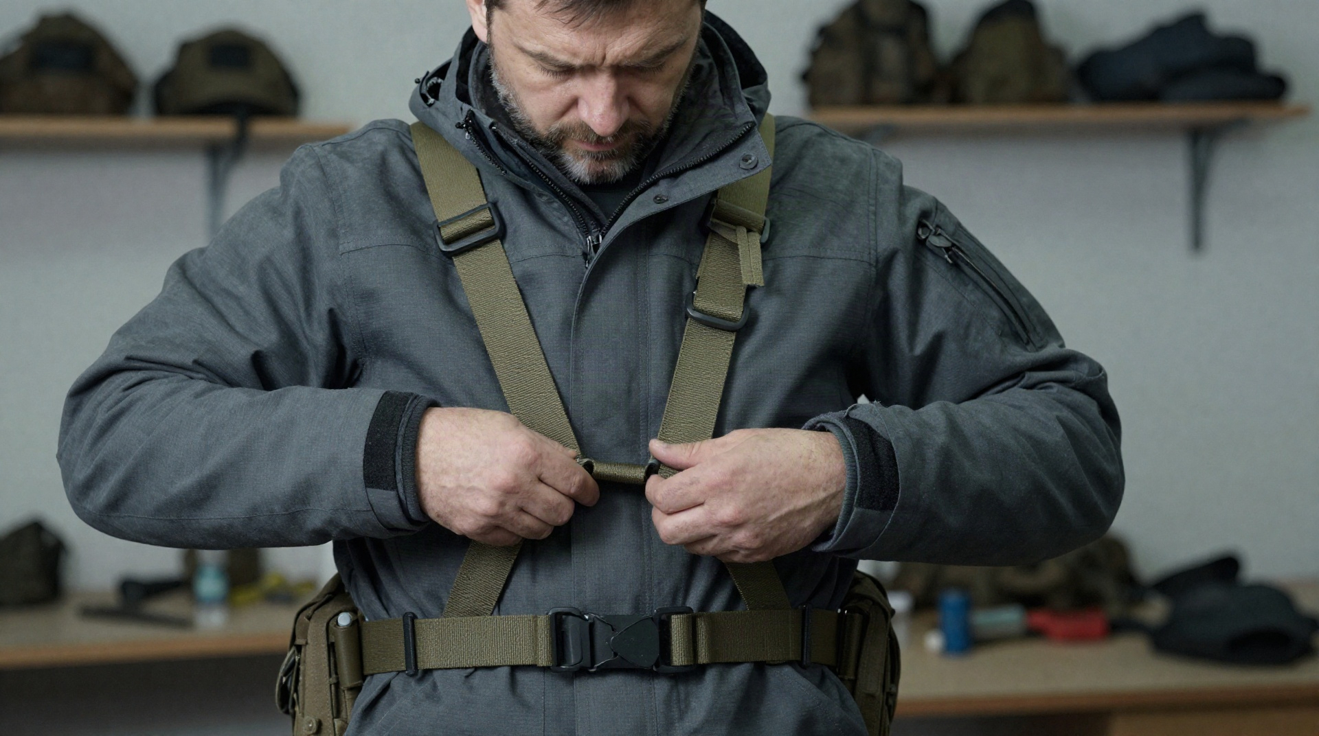 Чоловік у товстій зимовій тактичній куртці затягує ремені РПС у майстерні
