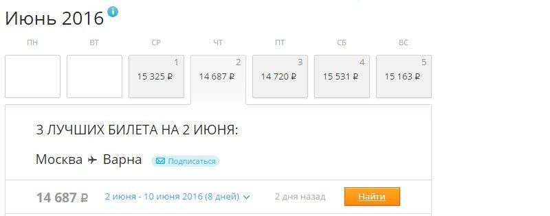 Наприклад, один зі знайдених на нашу ж запиту авіаквитків, Москва - Варна, був доданий 2 дня назад з ціною в 14 687 рублів