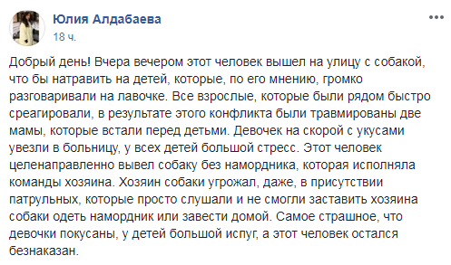 Господар собаки погрожував, навіть, в присутності патрульних, які просто слухали і не змогли змусити господаря собаки одягнути намордник або завести додому, - написано в повідомленні