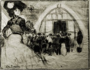 Ось, наприклад, малюнок олівцем Пікассо «Вхід на виставу театру маріонеток в кафе Чотири кота » (1900 рік) (джерело [3]):